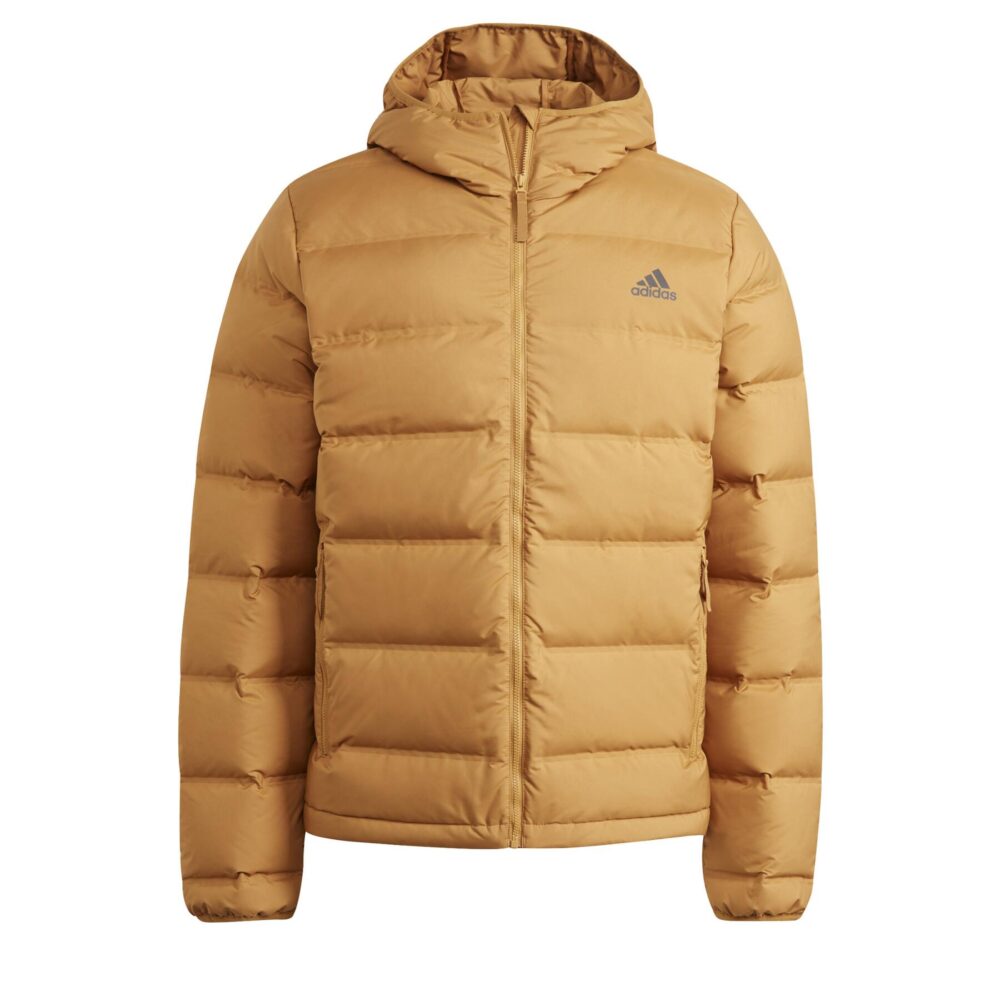 A tan Adidas Essentials Light Down Jacket with a hood and zippered pockets.