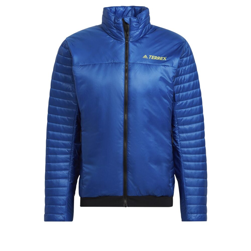 A man wearing an Adidas Terrex blue insulated jacket with a quilted design, full zip closure, and zippered pockets, ideal for outdoor adventures