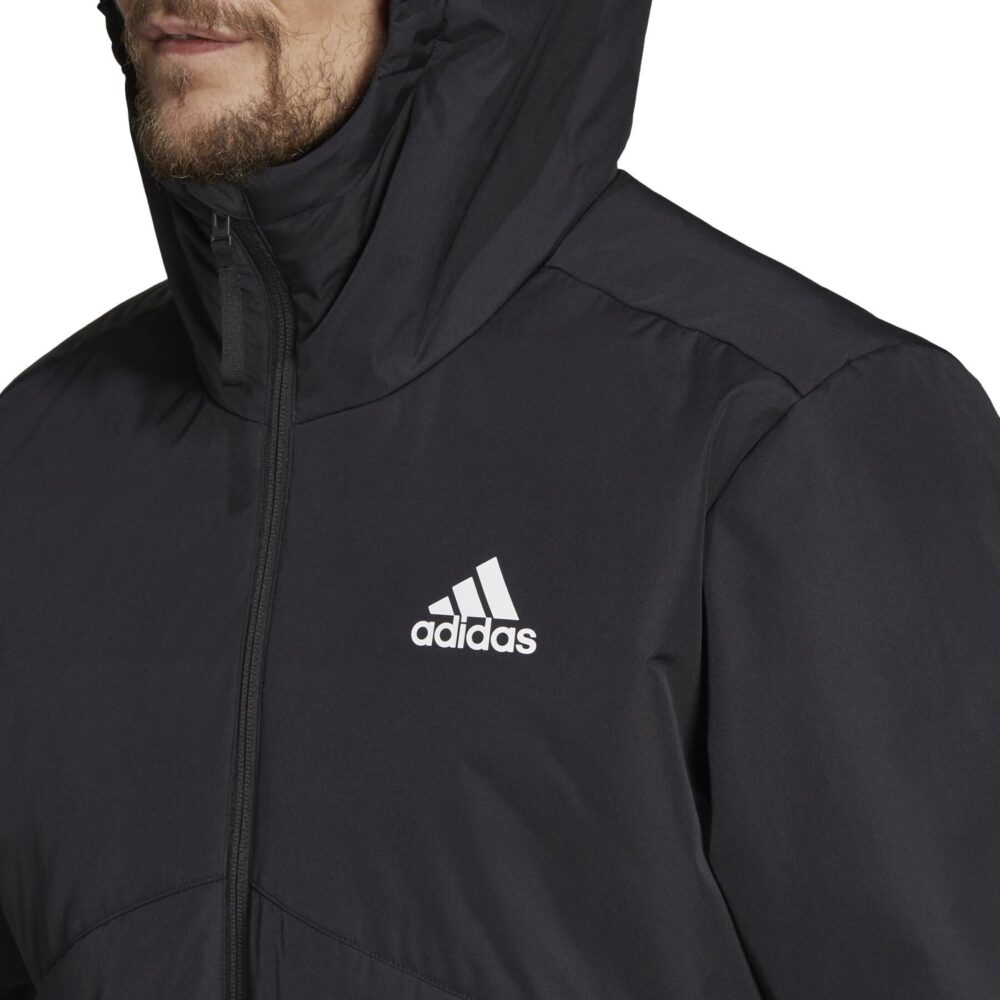 Black Adidas insulated winter jacket with hood, full zip closure, two front pockets, and a classic Adidas logo on the chest.