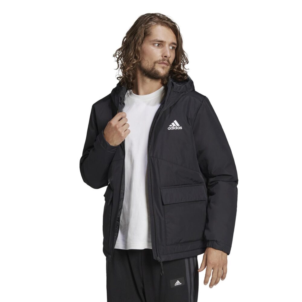 Black Adidas insulated winter jacket with hood, full zip closure, two front pockets, and a classic Adidas logo on the chest.