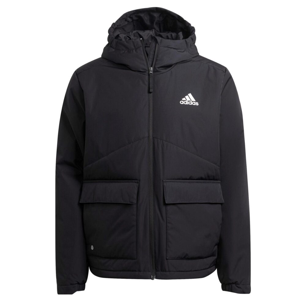 Black Adidas insulated winter jacket with hood, full zip closure, two front pockets, and a classic Adidas logo on the chest.