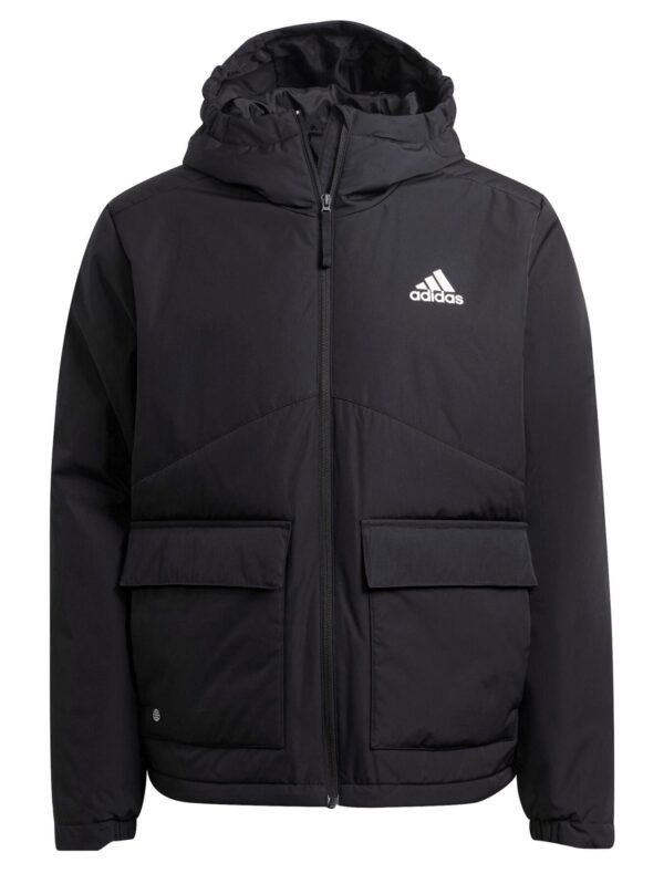Black Adidas insulated winter jacket with hood, full zip closure, two front pockets, and a classic Adidas logo on the chest.