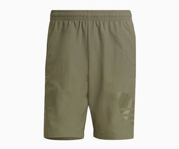 Adidas men's olive green performance shorts with an elastic waistband, lightweight design, and subtle logo detail.