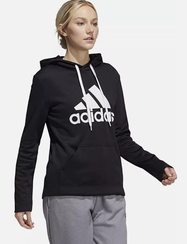 Black Adidas hoodie with a large white Trefoil logo.