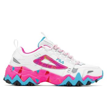 Fila white chunky sneakers with pink and blue accents and zigzag-patterned sole.