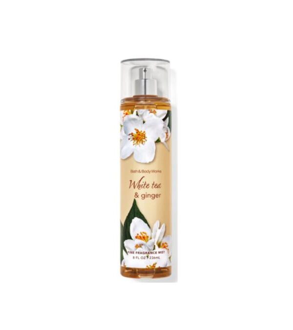 Bath & Body Works White Tea & Ginger Fine Fragrance Mist bottle with floral design, featuring white tea flowers and leaves.