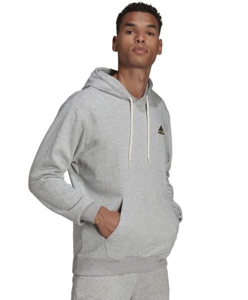 Adidas Men's Classic Logo Hoodie in gray with a front logo and adjustable drawstring hood, offering comfort and style.