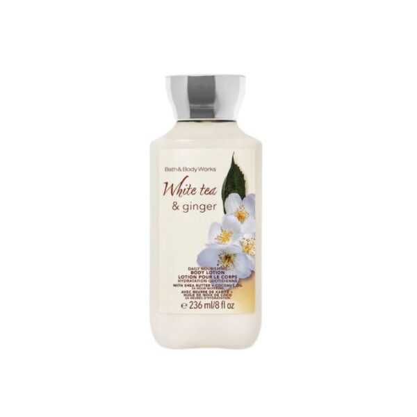 Bath & Body Works White Tea & Ginger Body Lotion bottle with floral design and white tea flowers.