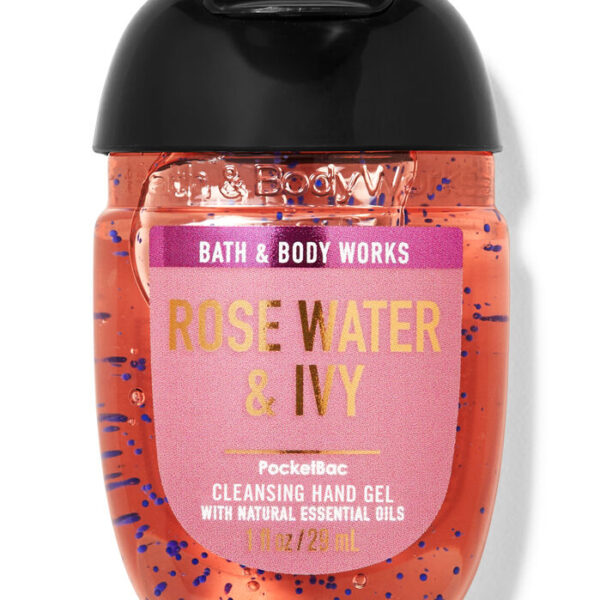 A pink Bath & Body Works PocketBac Hand Sanitizer with the scent "Rose Water & Ivy."