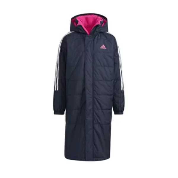 blue Adidas Kids Girls Hooded Puffer Long Jacket with pink accents, 3-Stripes down the sleeves, and a large Adidas logo on the back.