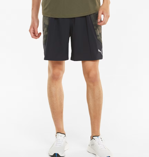 Black running shorts with a camo print panel and the Puma logo.