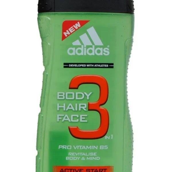 A green bottle of Adidas Active Start 3-in-1 Shower Gel for Men. The bottle features the Adidas logo, the product name, and the number 3, indicating its 3-in-1 functionality. The background is white.
