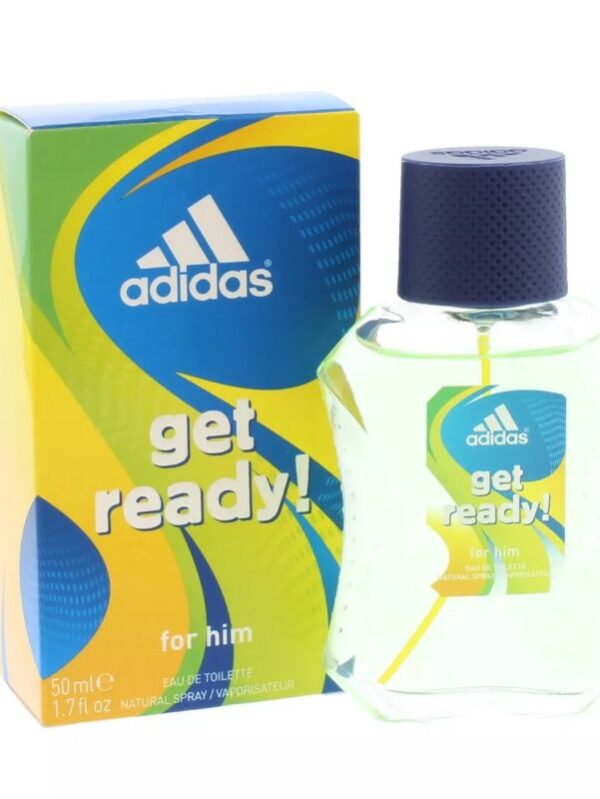 A bottle of Adidas Get Ready! for Him Eau de Toilette with a blue and yellow box.