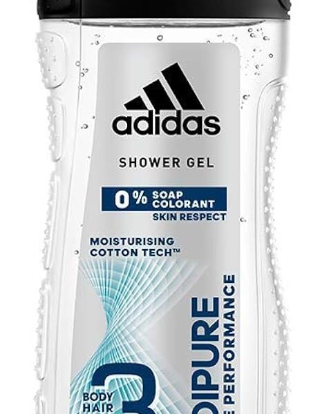 A bottle of Adidas Adipure Shower Gel with a black cap and the Adidas logo.