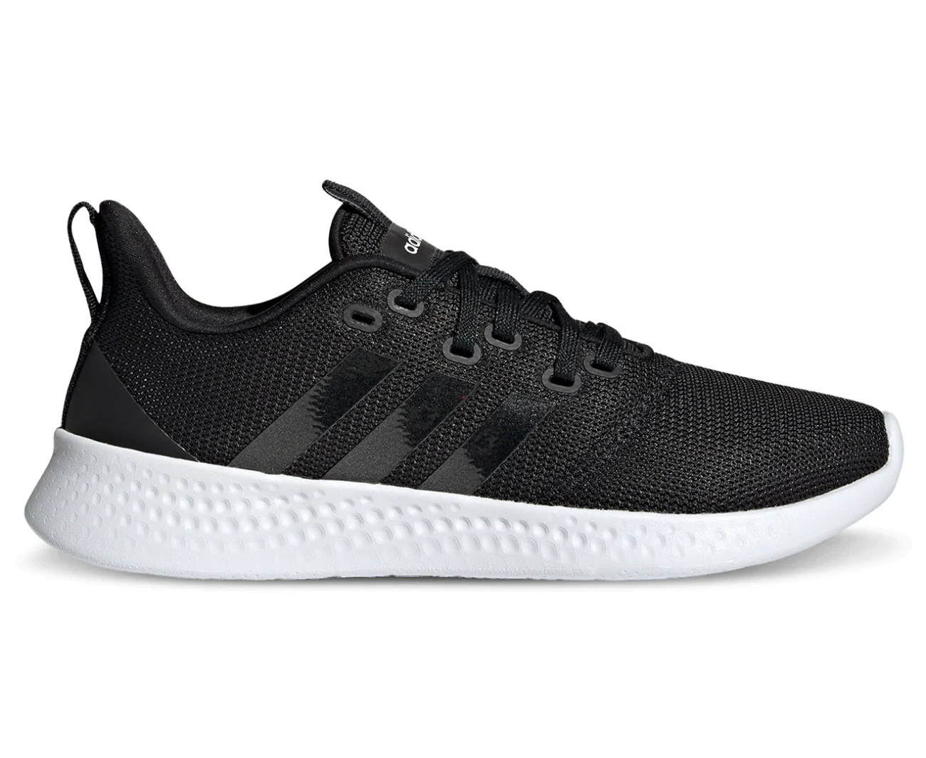 Adidas Puremotion Shoes, black with white soles and three stripes on the side.