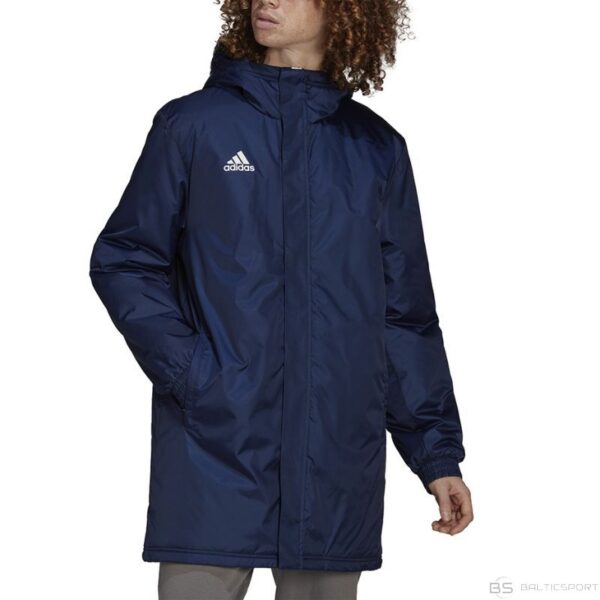 A blue Adidas Entrada 22 Stadium Jacket with a full-zip front, stand-up collar, side pockets, and the Adidas logo and 3-Stripes.