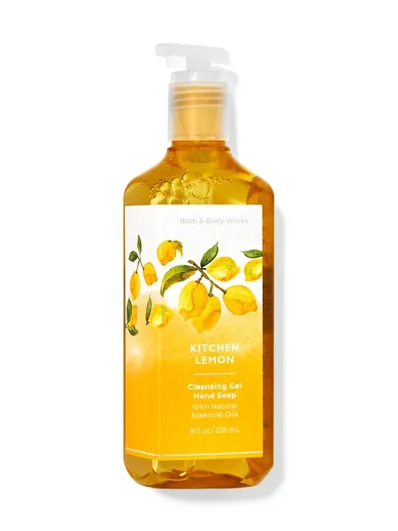 A bottle of Bath & Body Works Kitchen Lemon Cleansing Gel Hand Soap.