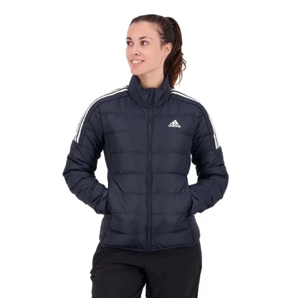 Black Adidas down jacket with 3-Stripes on the sleeves.