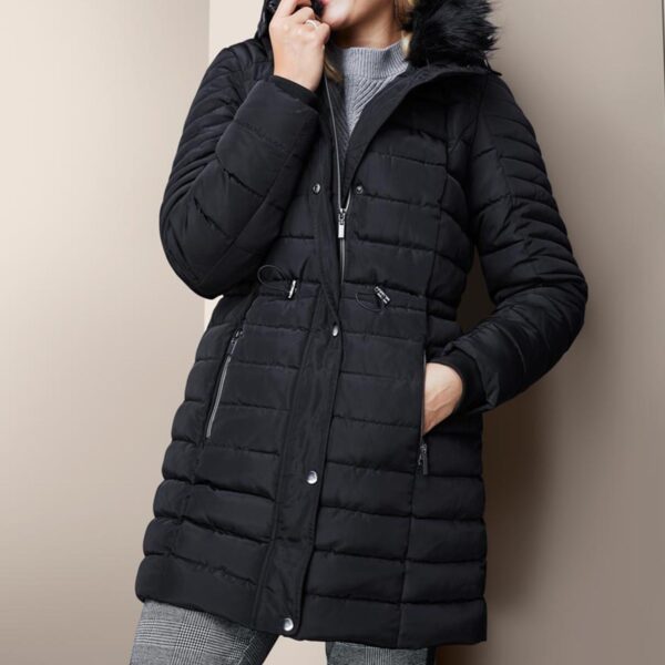 A black quilted parka jacket with a detachable hood and faux fur trim.