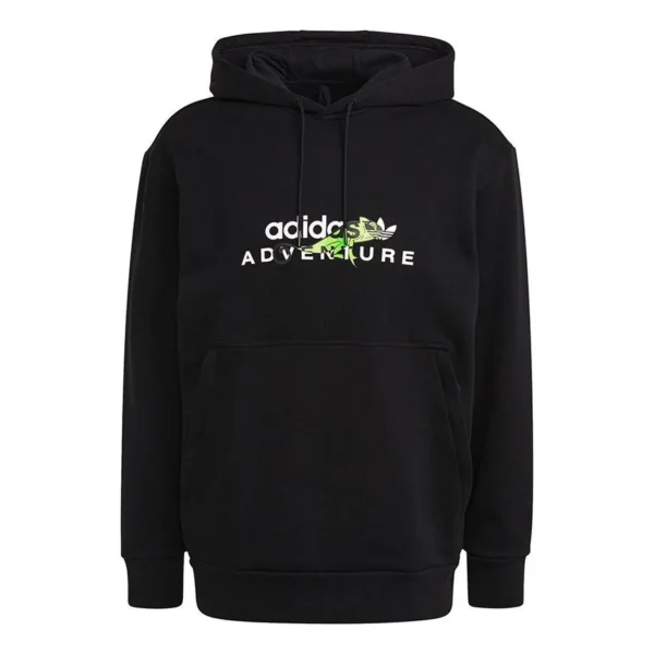 Black hoodie with 'Adventure' graphic