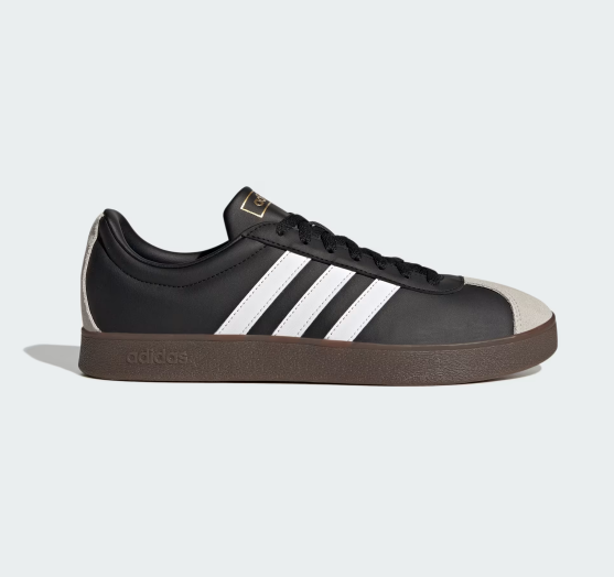Adidas Neo VL Court Shoes, black with white stripes and beige toe cap.
