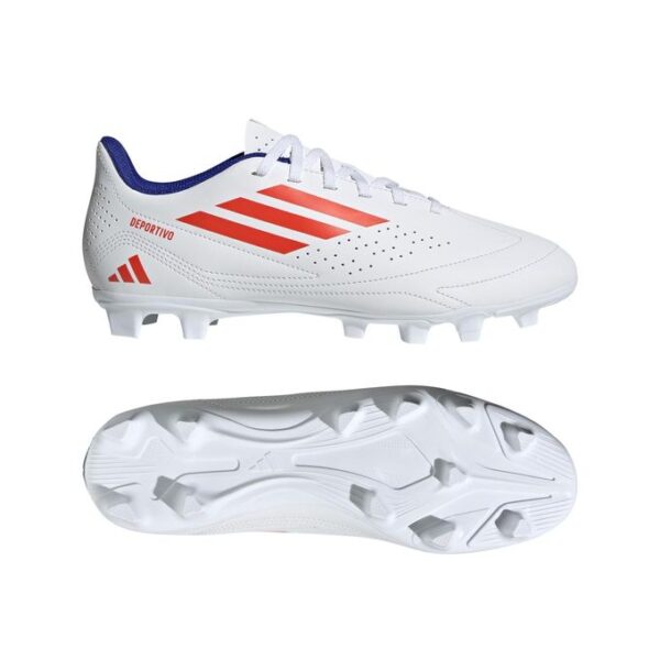 Adidas Deportivo III Flexible Ground Soccer Cleats, white with red stripes, "DEPORTIVO" text on the side.