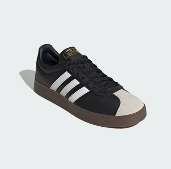 Adidas Neo VL Court Shoes, black with white stripes and beige toe cap.