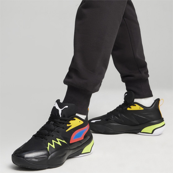 Puma Genetics Basketball Shoes, black with red, blue, yellow, and lime green accents, graphic design elements.