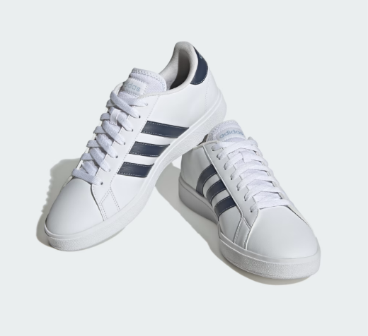 Two pairs of white Adidas Grand Court Base 2.0 shoes with navy blue stripes