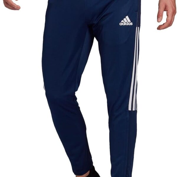 Blue Adidas Tiro training pants with white stripes