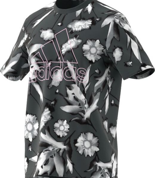 Adidas Men's Bloom Allover Print Tee, dark grey with white and light pink floral print, Adidas logo integrated into the design.