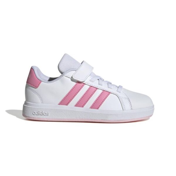 Adidas Grand Court 2.0 CF C Kids' Shoe in white with pink stripes and velcro strap.