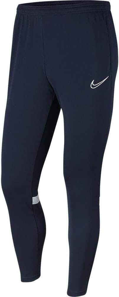 Nike Dri-FIT Academy Pants, Navy/White. Front view, showing navy pants with white Nike swoosh logo.