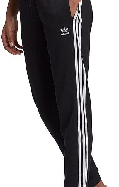 Adidas Women's Slim 3-Stripes Pants, Black. Front view, showing black pants with white 3-Stripes down the side and white Adidas logo.