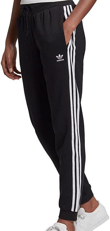 Adidas Women's Slim 3-Stripes Pants, Black. Front view, showing black pants with white 3-Stripes down the side and white Adidas logo.
