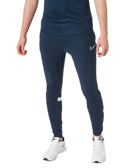 Nike Dri-FIT Academy Pants, Navy/White. Front view, showing navy pants with white Nike swoosh logo.