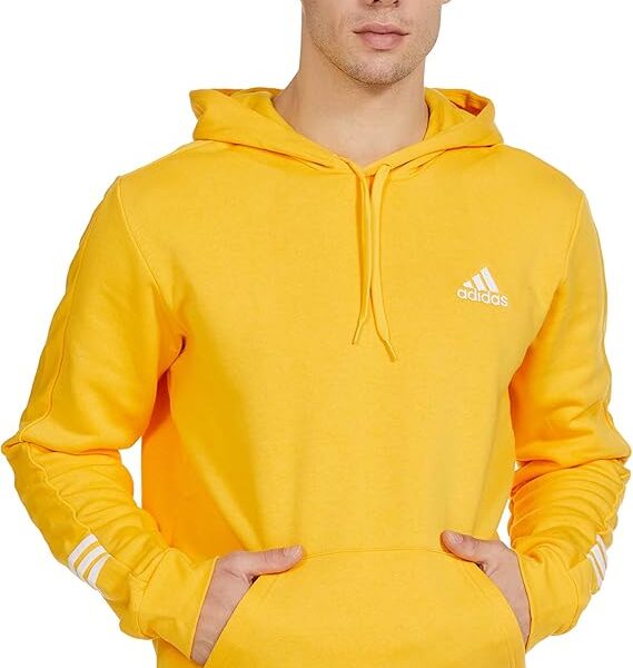 Adidas Essentials Comfort Hoodie, Yellow. Front view, showing yellow hoodie with white Adidas logo on chest.