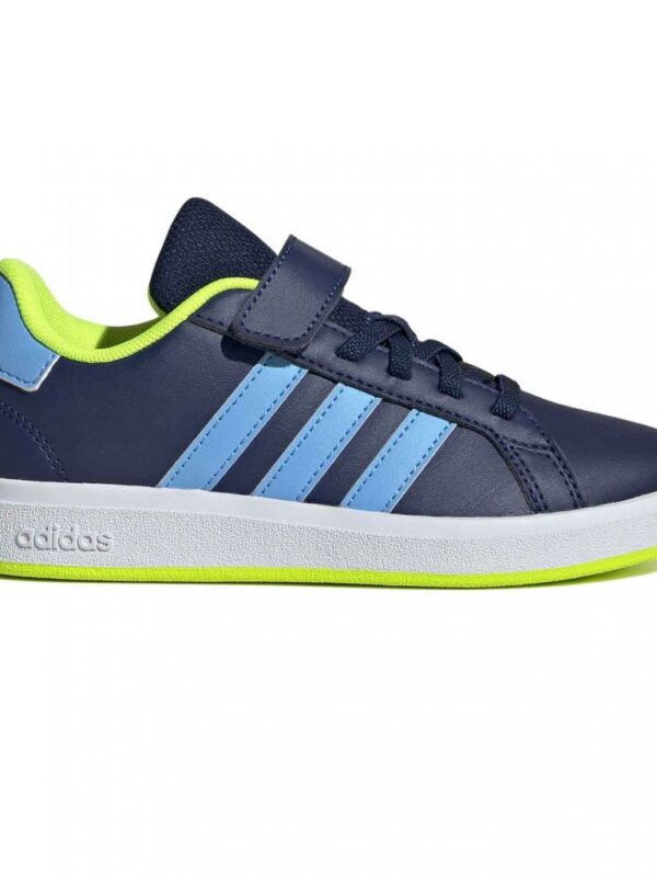 Adidas Grand Court 2.0 CF C Kids' Shoe in navy blue with light blue stripes and neon green accents.