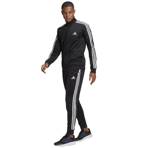 Adidas Primegreen Essentials 3-Stripes Tracksuit in black with white stripes.