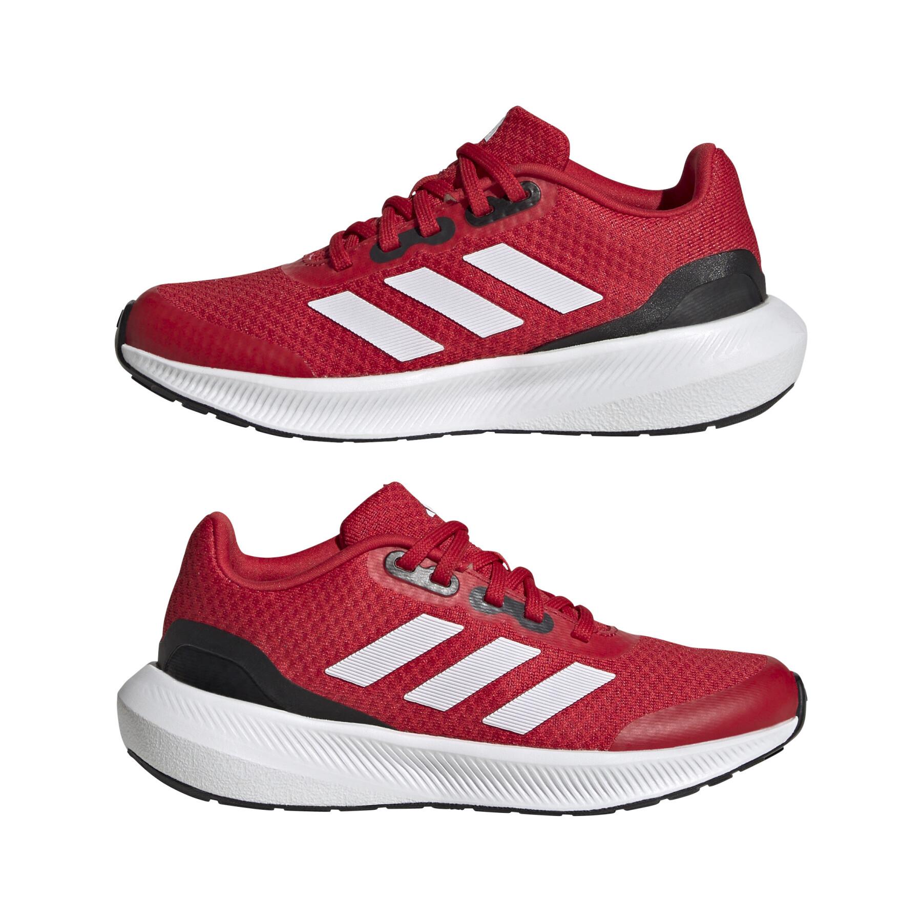 Adidas Runfalcon 3.0 Running Shoe in red with white stripes and black heel.