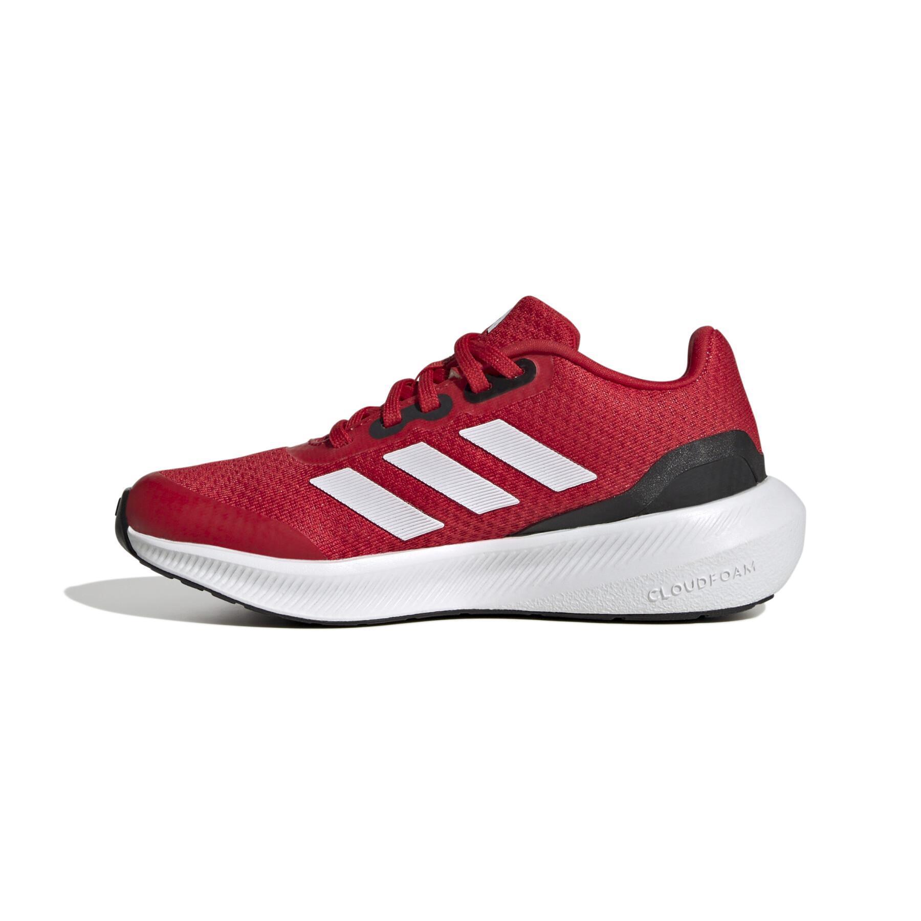 Adidas Runfalcon 3.0 Running Shoe in red with white stripes and black heel.