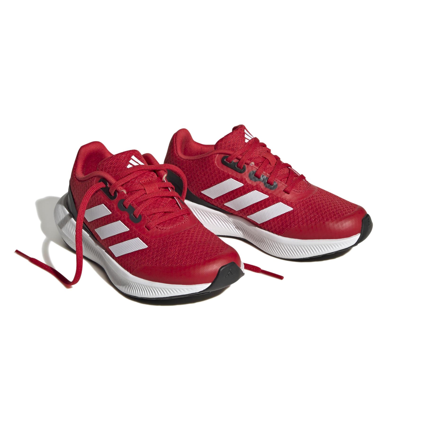 Adidas Runfalcon 3.0 Running Shoe in red with white stripes and black heel.