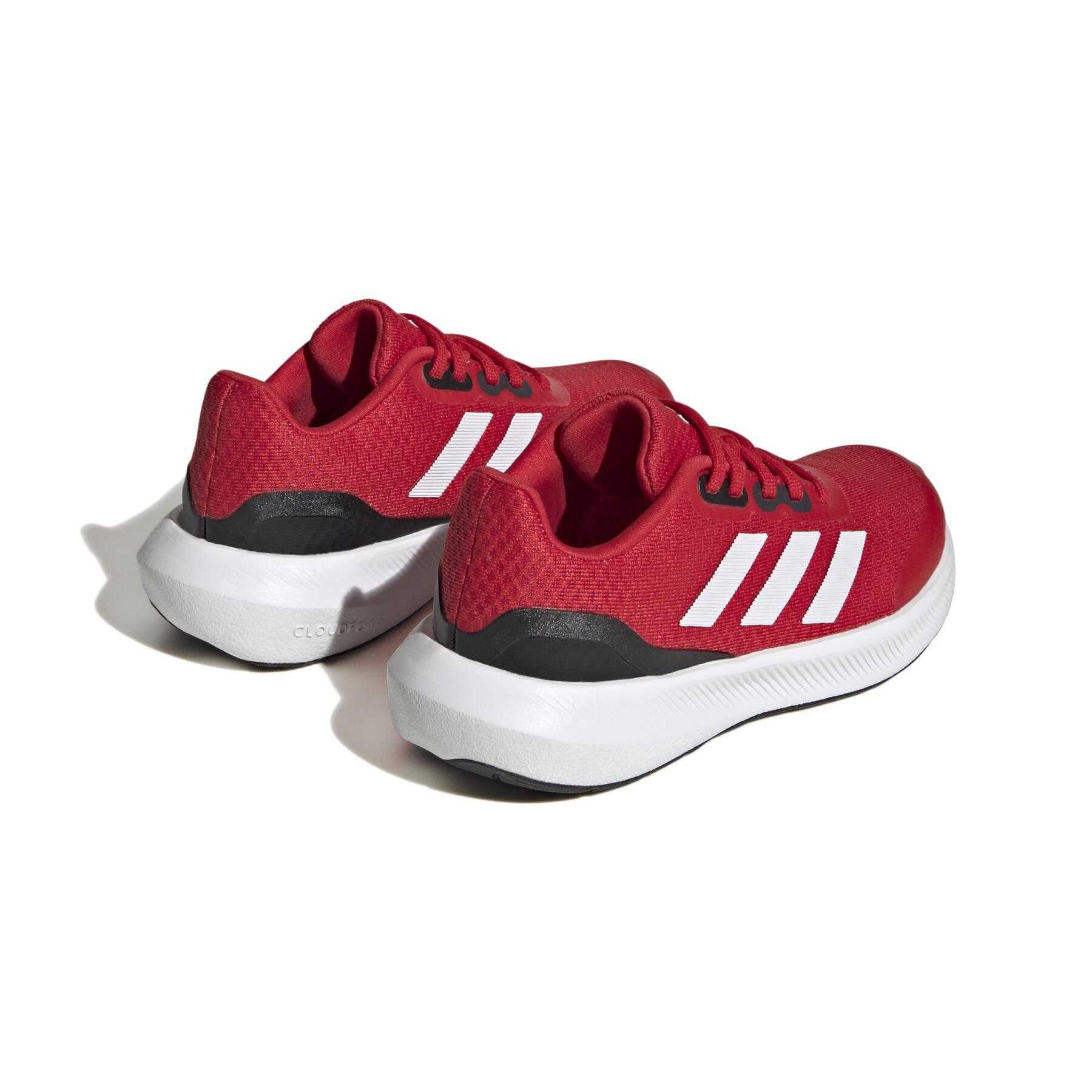 Adidas Runfalcon 3.0 Running Shoe in red with white stripes and black heel.