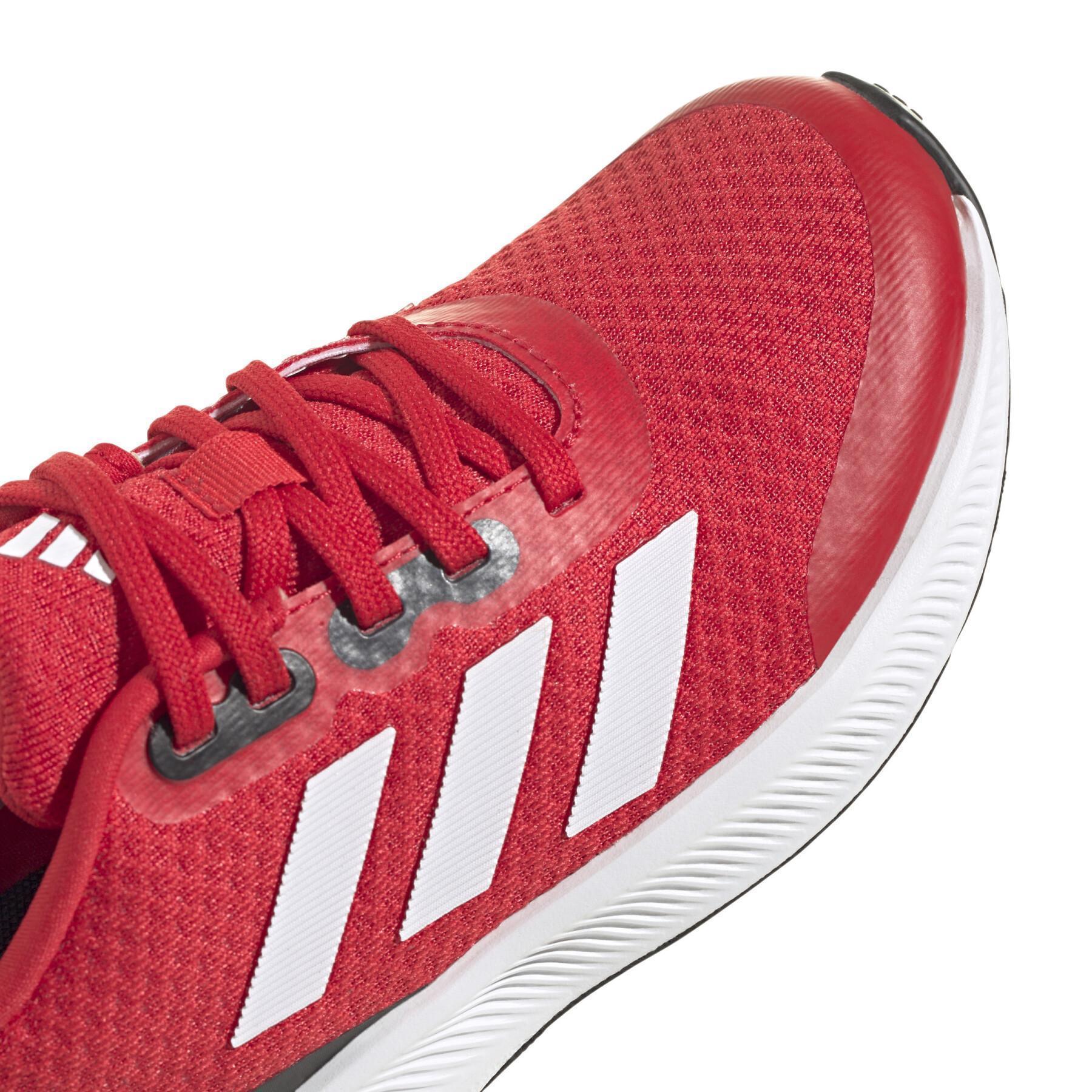 Adidas Runfalcon 3.0 Running Shoe in red with white stripes and black heel.