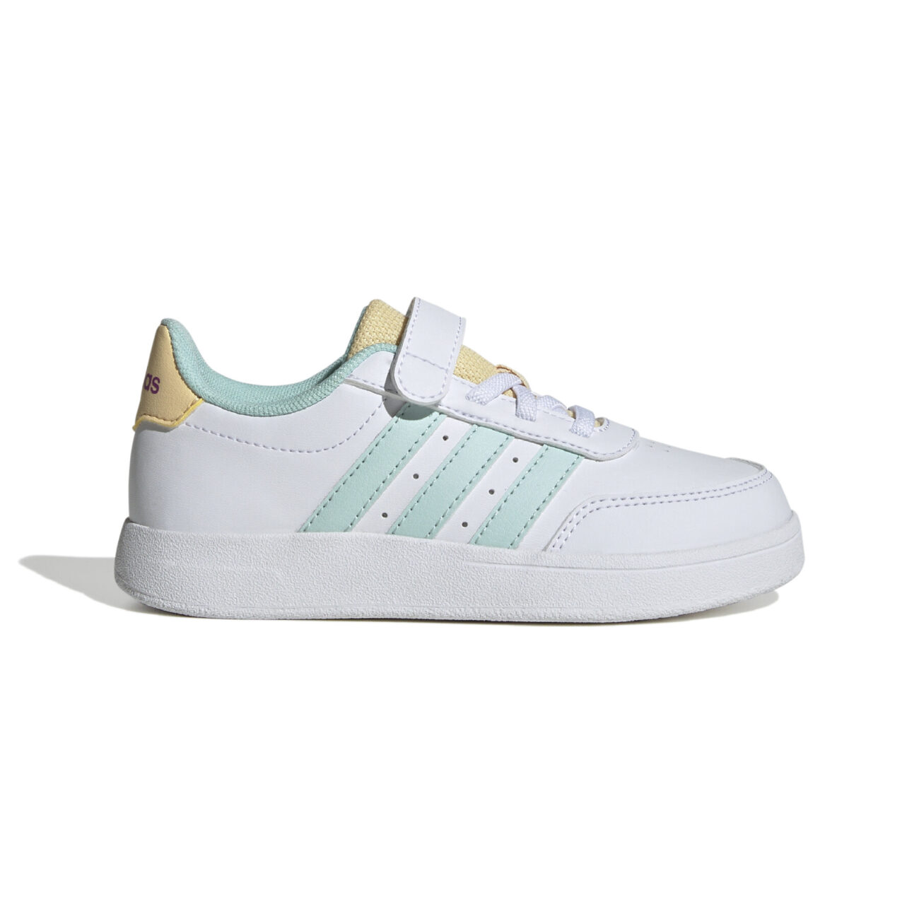 Adidas Breaknet 2.0 CF C Kids' Shoe in white with mint green stripes and yellow accents.