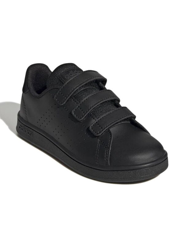 Adidas Advantage CF Kids Shoes, black synthetic leather upper with perforated details, dual hook-and-loop strap closure, black midsole and outsole.