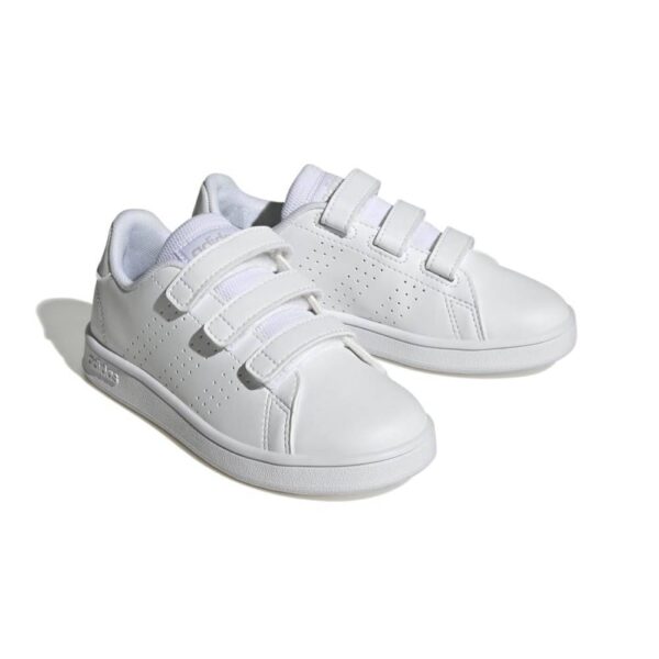 Adidas Advantage CF Kids Shoes, white synthetic leather upper with perforated details, dual hook-and-loop strap closure, white midsole and outsole.