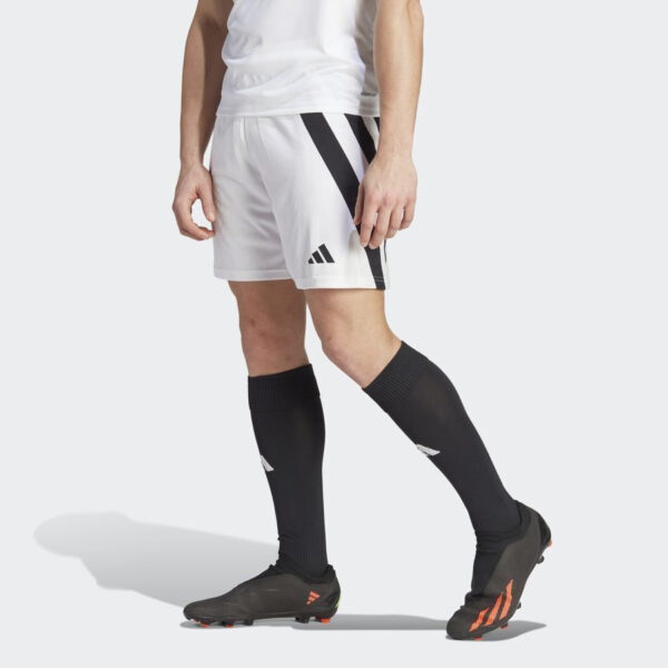 Adidas Fortore 23 Shorts, White/Black. Front view, showing white shorts with black Adidas stripes on the side and black Adidas logo.