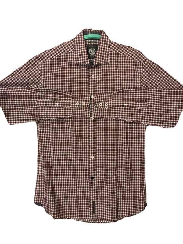A maroon and grey gingham plaid long-sleeved shirt by Sacoor Brothers is shown hanging.