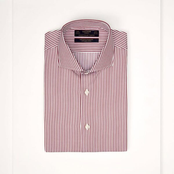 folded Sacoor Brothers slim fit shirt with burgundy and gold vertical stripes is displayed on a white surface.